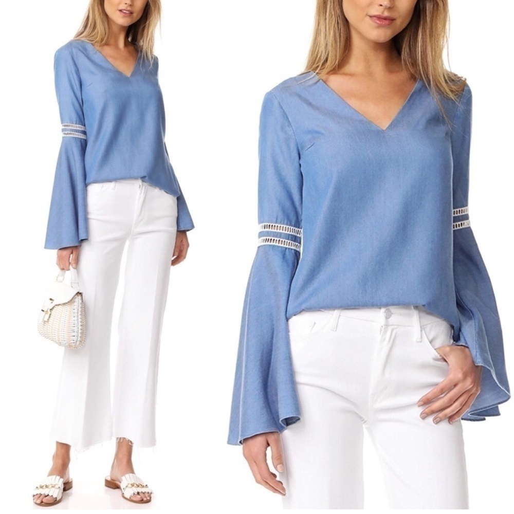 Lovers + Friends Blue Denim Long Bell Sleeve Chambray Shirt/Top. Size Small.